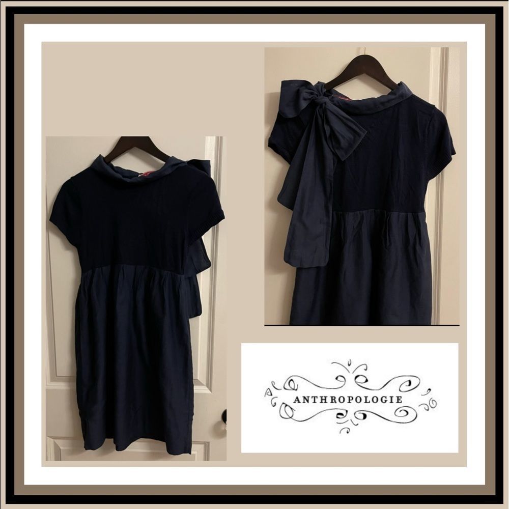 Anthropologie Manoush Silk and Cashmere Navy Dress with Bow Size S